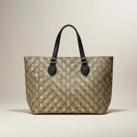 Gucci Bee Supreme Tote GG Monogram Gold Metallic Canvas Black Leather 473887 - Picture 1 of 9